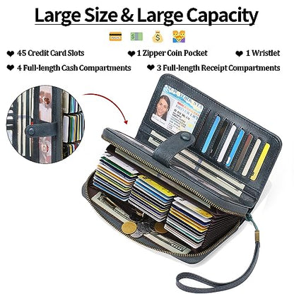 GAEKEAO Leather Credit Card Holder Wallet for Women RFID Blocking Large Capacity Bifold Zipper Card Case Organizer with Wristlet 45 Slots - color: Blue