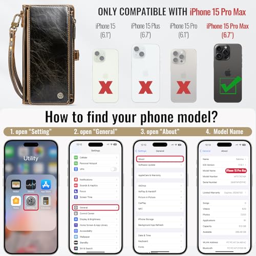 Defencase for iPhone 15 Pro Max Wallet Case with RFID Card Holder, Coffee | Durable Soft PU Leather, with Zipper Pocket, Wrist Strap, Fashion Snap Flip Phone Cases Cover with Stand for Women and Men - color: Coffee