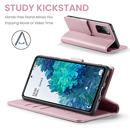 FLIPALM Wallet Case for Samsung Galaxy S20 FE 5G, Rose Gold | Card Holder, RFID Blocking, PU Leather Folio Flip, Kickstand, Protective Shockproof Cover - color: Rose Gold