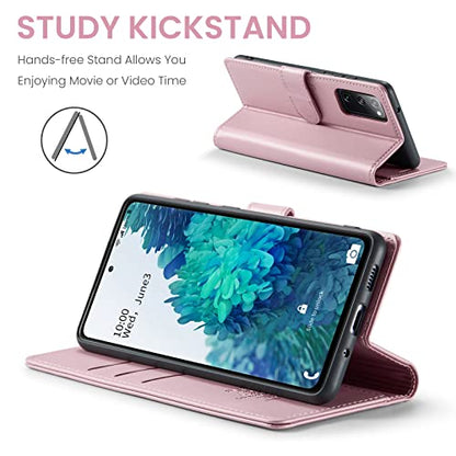 FLIPALM Wallet Case for Samsung Galaxy S20 FE 5G, Rose Gold | Card Holder, RFID Blocking, PU Leather Folio Flip, Kickstand, Protective Shockproof Cover - color: Rose Gold