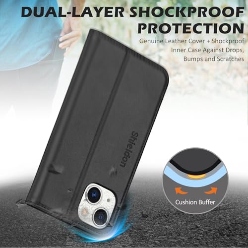 SHIELDON Genuine Leather Folio Wallet Case for iPhone 14 6.1" 2022, Black | Magnetic Closure, RFID Blocking, Credit Card Holder, Kickstand, Book Design, Shockproof Phone Cover - color: Black