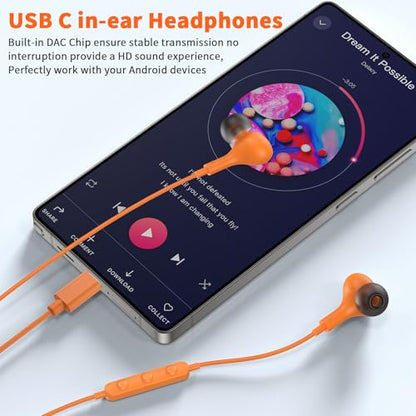 USB C Headphones Wired Earbud for iPhone 18 Pro Max 17 16 15,0range - color: Orange