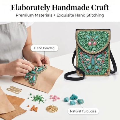 Small Crossbody Bags for Women, Cell Phone Shoulder Bag Boho Wallet Purse - color: Green Butterfly