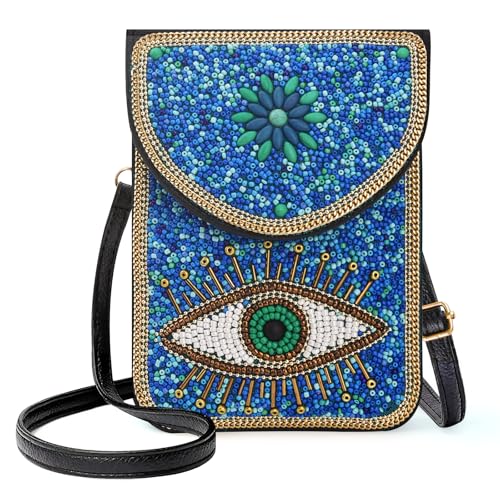 Small Beaded Crossbody Bag for Women, Boho Cell Phone Shoulder Purse Wallet with Handcrafted Colorful Beads - color: Eye-blue