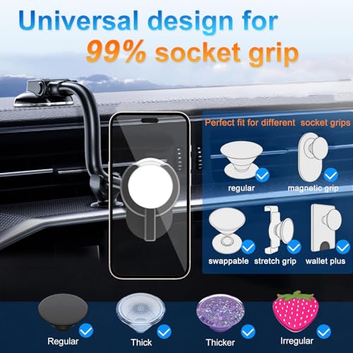 Car Phone Mount for Collapsible Grip/Socket Mount User,Windshield/Dashboard/Vent Phone Holder with Strong Suction Cup,13-Inches Long Arm Gooseneck Cell Phone Cradle for Swappable Grip Stand - style: Gooseneck Socket Mount