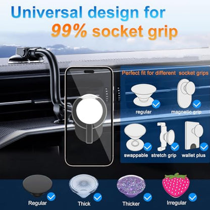 Car Phone Mount for Collapsible Grip/Socket Mount User,Windshield/Dashboard/Vent Phone Holder with Strong Suction Cup,13-Inches Long Arm Gooseneck Cell Phone Cradle for Swappable Grip Stand - style: Gooseneck Socket Mount