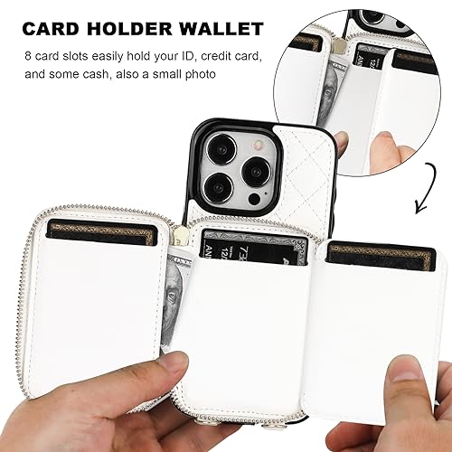 Bocasal Crossbody Wallet Case Card Holder for iPhone 15 Pro, White | RFID Blocking PU Leather Zipper Handbag Purse, Kickstand Flip Folio Case with Card Slots Holder Wrist Strap Lanyard 6.1 Inch - color: White
