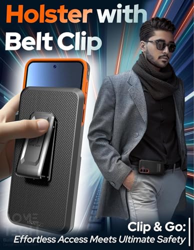 Designed for Samsung Galaxy S25 Plus Case with Belt Clip Holster | Rugged Cover with Strong Magnet & Kickstand Heavy Duty Combo - Black & Orange - color: Black & Orange