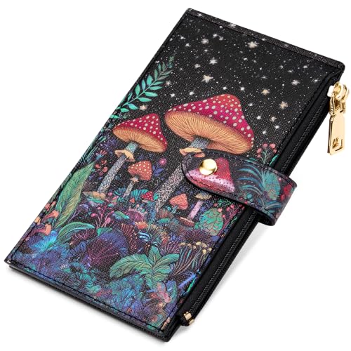 Travelambo RFID Wallet Women Large Size Bifold Multi Card Wallet Case with Zipper Pocke Credit Card Holder for Women - color: Black Mushroom