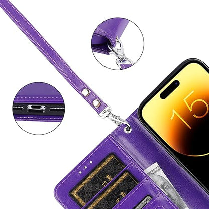 Bocasal Detachable Wallet Case Card Holder for iPhone 15 Pro, Purple | RFID Blocking Kickstand Card Slots Holder PU Leather Magnetic Shockproof Wrist Strap Removable Flip Protective Cover 6.1 inch - color: Purple