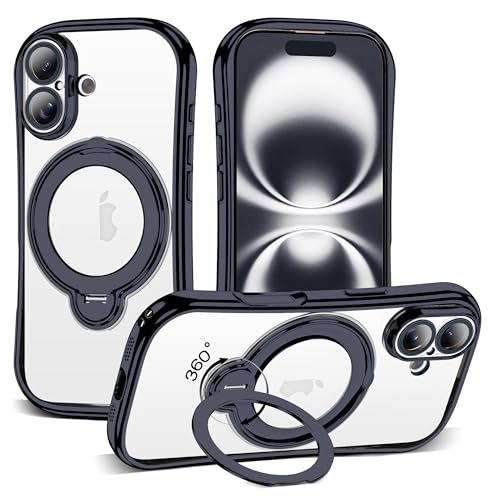 Clear Phone Case for iPhone 16 6.1", Black | Compatible with iPhone 16 Case with 360° Rotatable Magnetic Ring Stand Full Camera Lens Protector Plating Mag-safe Case - color: Black, size: Iphone 16