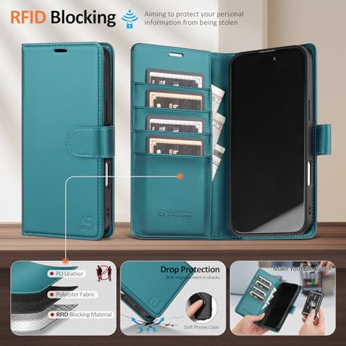 Shieldtop Compatible with MagSafe iPhone 17 Pro Wallet Case,Blue Green | 2 in 1 Detachable Magnetic,Credit Card Holder Slots,RFID Blocking,PU Leather,Kickstand,Flip Folio Phone Cover for Men & Women - color: Blue Green, size: iPhone 17 Pro - 6.3"