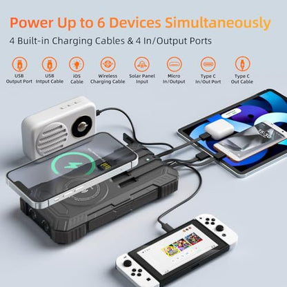 Solar Charger Power Bank 49800mAh Wireless Portable Phone Charger, 22.5W QC3.0 Fast Charging Built in 4 Cables with USB C 6 Outputs & 2 Inputs for All Cell Phone - color: Black