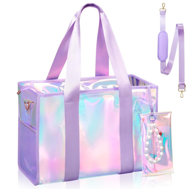 Iridescent Beach Bag for Women, 26L Extra Large Clear Waterproof Sandproof Tote Bag, Zipper Closure with Touchscreen Phone Pouch Adjustable Crossbody Strap for Beach Pool Travel Gym Vacation