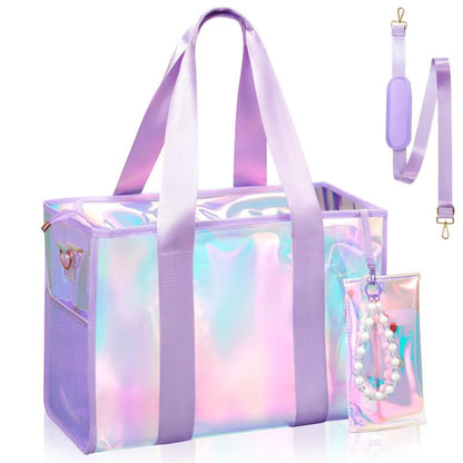 Iridescent Beach Bag for Women, 26L Extra Large Clear Waterproof Sandproof Tote Bag, Zipper Closure with Touchscreen Phone Pouch Adjustable Crossbody Strap for Beach Pool Travel Gym Vacation