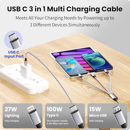100W Fast Charging Cable, 2 Pack 3 in 1 USB C Multi Charger Cord - color: Gray