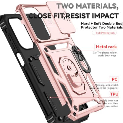 for Samsung Galaxy A17 / Galaxy A26 5G Case, with Slide Camera Cover HD Screen Protector [Military Grade Drop Tested] Ring Holder Kickstand Protective Phone Case for Samsung Galaxy A17, Rose Gold - color: Rose Gold w/ Slide Camera 2nd gen. Military Grade
