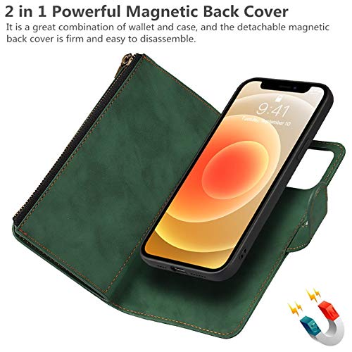 iCoverCase for iPhone 12 Mini Wallet Case with Card Holder and Wrist Strap, PU Leather Kickstand Card Slots Zipper Pocket Magnetic [Detachable] Flip Cover Case 5.4 Inch (Green) - color: Green