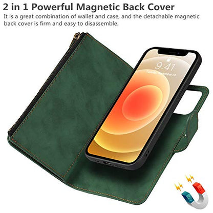 iCoverCase for iPhone 12 Mini Wallet Case with Card Holder and Wrist Strap, PU Leather Kickstand Card Slots Zipper Pocket Magnetic [Detachable] Flip Cover Case 5.4 Inch (Green) - color: Green