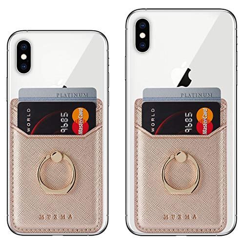 2Pcs RFID Leather Card Holder for Phone, Stick-On Wallet with Ring | Phone Wallet Stick On Back Of Phone Case. Adhesive For iPhone Wallet Holds Credit Cards/ID/Pockets. Viewing Freely Ring Stand - color: Rose/Gold