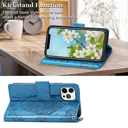 for iPhone 12 Pro/iPhone 12 Wallet Case,Women Flip Folio Cover with Butterfly Embossed PU Leather Kickstand Credit Card Holder Slots Wrist Strap for iPhone 12/12 Pro 6.1 inch (Blue) - color: Blue