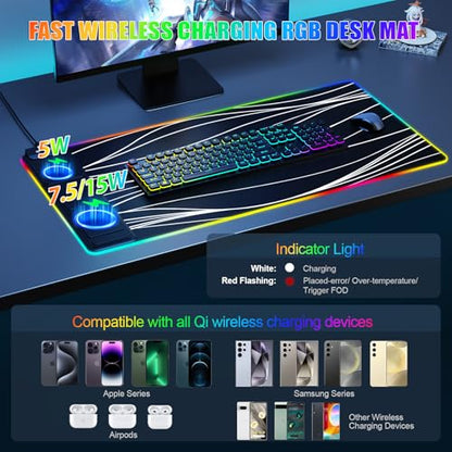 Wireless Charging RGB Mouse Pad with Phone Stand, Large Gaming Desk Mat - color: Wave - 31.5x15.8" Phone Stand No Adapter