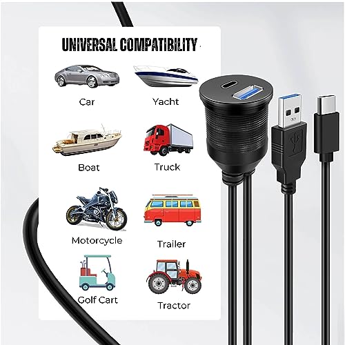 TNP Dual USB 3.0 Flush Panel Mount Extension Cable for Car Dash, 6 ft - size: 2 Ports USB-A + C (3 Feet)