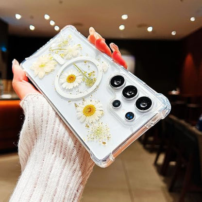 Compatible with Samsung Galaxy S23 Ultra Case,Compatible with MagSafe,Cute Pressed Dried Flowers Design Women Girly Shockproof Floral Clear Magnetic Case for Galaxy S23 Ultra (White) | Cute Pressed Dried White Flowers Design Women Girly Shockproof Floral