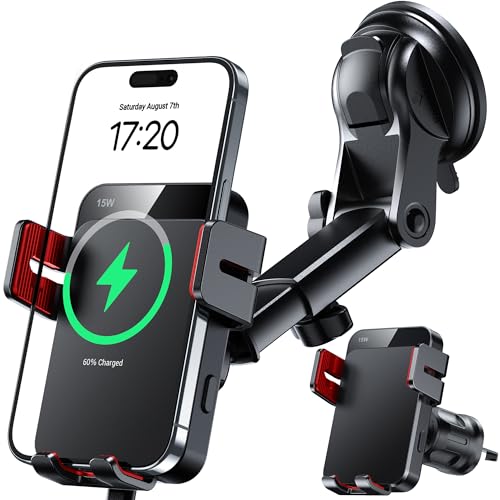 Wireless Car Charger 15W Auto Clamping Phone Holder Dash Windshield Vent - color: Red
