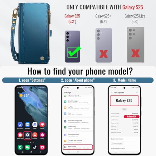 Defencase for Samsung Galaxy S25 Wallet Case with RFID Card Holder, Blue | Durable Soft PU Leather, with Zipper Pocket, Wrist Strap, Fashion Snap Flip S25 Phone Cases Cover with Stand for Women Men - color: Dark Blue