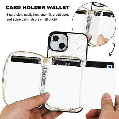 Bocasal Crossbody Wallet Case Card Holder for iPhone 13, White | RFID Blocking PU Leather Zipper Handbag Purse, Kickstand Flip Folio Case with Card Slots Holder Wrist Strap Lanyard 6.1 Inch - color: White