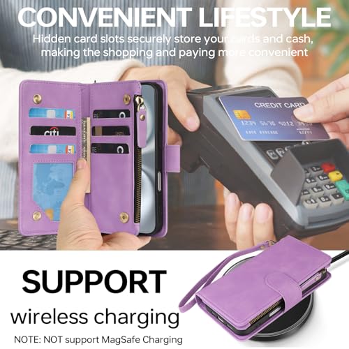 RANYOK Compatible with iPhone 16 Case Wallet - PU Leather Wallet Case for iPhone 16 with Credit Card Holder RFID Blocking Zipper Pocket with Wrist Strap Flip Folio Protective Case (Purple) - color: Purple, size: iPhone 16, 6.1"