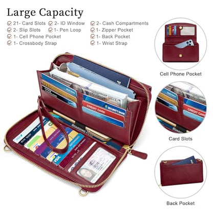 Peacocktion Womens Crossbody Wristlet Wallets with Cell Phone Pocket RFID Vegan Leather Cross Body Purses Travel - color: 05-wine Red