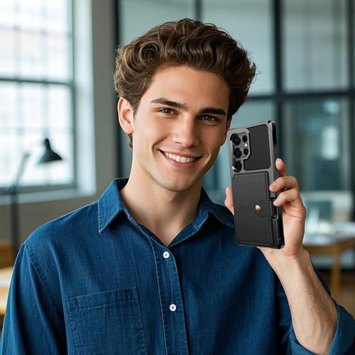 for Samsung Galaxy S25 Ultra 6.9” Case with Card Holder, Compatible with Magnetic Car Mount, Rugged Heavy Duty Shockproof Soft TPU Back Leather Flip Wallet Phone Cover, Black - color: Black, size: Samsung Galaxy S25 Ultra