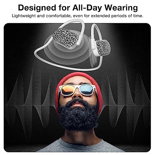 Purity Air Open Ear Headphones - True Air Conduction Wireless Bluetooth Open Ear Earbuds with Dual Mic for iPhone/Android - Secured Long Wearing Comfort, Sports Sweat Resistant (Leopard) - color: Leopard