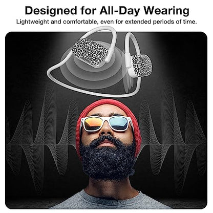 Purity Air Open Ear Headphones - True Air Conduction Wireless Bluetooth Open Ear Earbuds with Dual Mic for iPhone/Android - Secured Long Wearing Comfort, Sports Sweat Resistant (Leopard) - color: Leopard