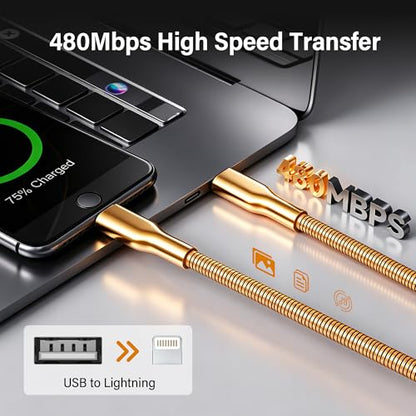 6.6FT Chew Proof USB to Lightning Cable, Pet Proof iPhone Charging Cord, MFi Certified Fast Charging Lightning Cable, Metal Braided iPhone Charger Cable for iPhone 14/13/12/11/XS/XR, Orange