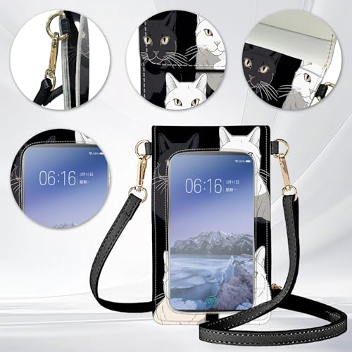for Women Cell Phone Purse,with Touchscreen Cell Phone Purse,PU Leather Shoulder Bag Waterproof Phone Wallet Case with Clear Touch Screen Window up to 6.7 inch Smartphone, - color: Black White Cute Cats-203