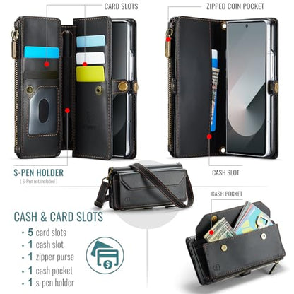 Strapurs Crossbody Wallet Case Compatible with Samsung Galaxy Z Fold 6 with RFID Blocking Card Holder & Pen Holder Slot Soft PU Leather Shoulder Strap Zipper Pocket Purse Fold 6 Phone Case, Black | RFID Blocking 5-Card Holder, Shoulder Lanyard, Wirst Stra