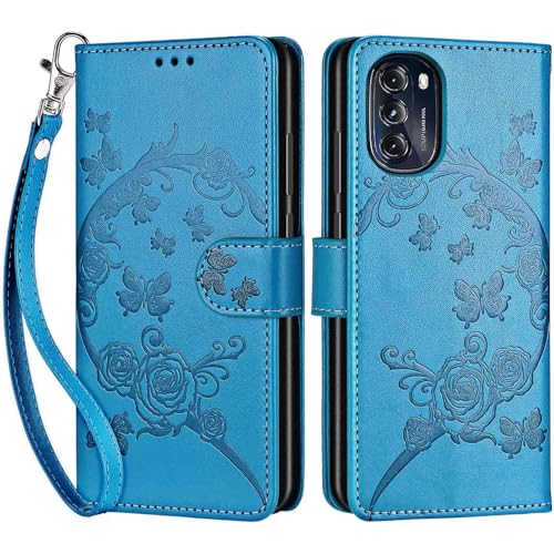 for Motorola Moto G 5G 2022 Wallet case, Blue-Flower | 3 Card Holders, Kickstand, Shockproof TPU Shell, PU Leather, Magnetic Closure, Protective Flip Folio Cover, Women - color: 7