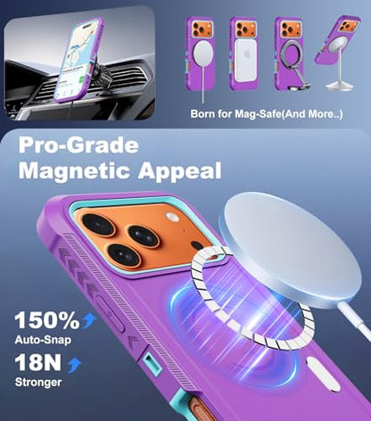 for iPhone 17 Pro Max Case with Belt Clip Holster,[Compatible with MagSafe]w/Screen Protector,Anti-Drop Shockproof Heavy Duty Protective Rugged Magnetic Phone Cover,with 360°Rotating Kickstand (Purple - color: Purple