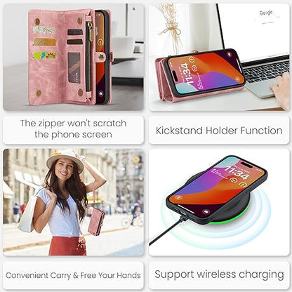 Compatible with iPhone 15 Pro Wallet Case with Magsafe, Pink | Magnetic Detachable Case,Card Holder,Zipper Pocket,Strap Wristlet, Soft Leather Drop-Proof Phone Case for iPhone 15 Pro - color: Pink, size: iPhone 15 Pro 6.1"