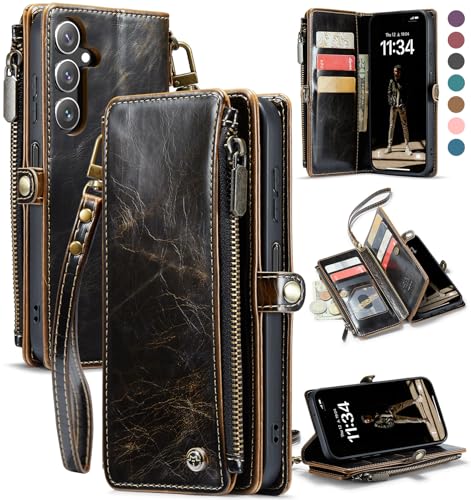Defencase for Samsung Galaxy A16 5G Wallet Case with Card Holder, Coffee | RFID Blocking, Zipper Pocket, Durable PU Leather, Wrist Strap, Fashion Snap Flip Phone Cases Cover with Stand for Women Men - color: Coffee
