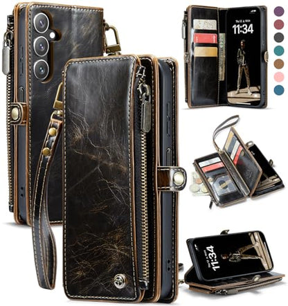 Defencase for Samsung Galaxy A16 5G Wallet Case with Card Holder, Coffee | RFID Blocking, Zipper Pocket, Durable PU Leather, Wrist Strap, Fashion Snap Flip Phone Cases Cover with Stand for Women Men - color: Coffee