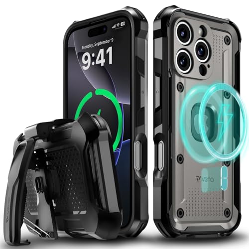 VENA vArmor for iPhone 16 Pro Rugged Case, Black | Military-Grade Drop Protection, Heavy Duty, Belt Clip Holster, Kickstand, Magsafe Compatible - color: Black/Graphite Gray