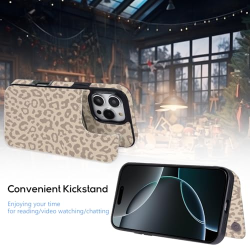 Compatible with iPhone 16 Pro Wallet Case with Card Holder, Back Flip Folio PU Leather Kickstand Card Slots Case for Women Girls, Double Magnetic Clasp Cover 6.3 Inch (Beige Leopard) - color: Beige Leopard, size: iPhone 16 Pro 6.3 inch