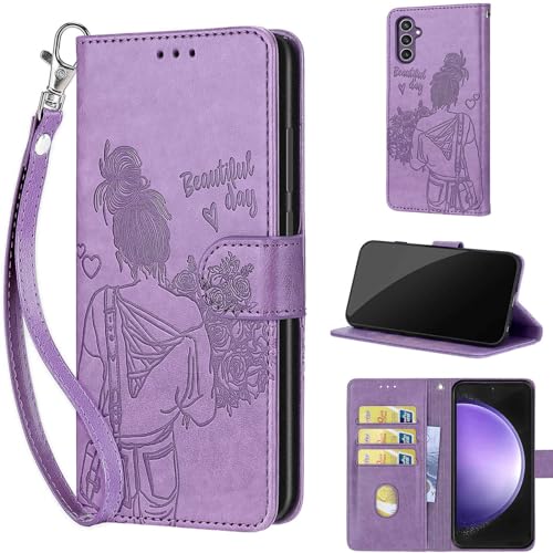 Wallet Case for Samsung Galaxy S23 FE, Purple Girl | Women Flip Folio Cover, Embossed PU Leather, Stand, Credit Card Holders Slots, Wrist Strap - color: 10