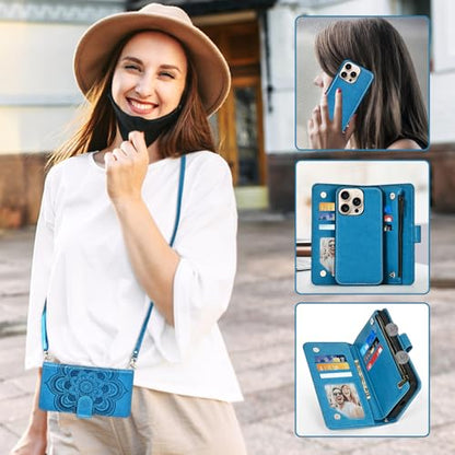 Asuwish Phone Case for iPhone 16 Pro 6.3 inch Zipper Wallet Magnetic Detachable Cell Cover with Tempered Glass Screen Protector Crossbody Strap Flower Card Holder i Phone16 i16 16Pro Women Girls Blue - color: Blue