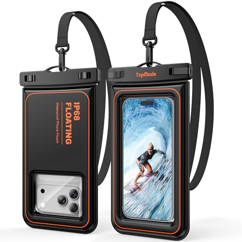 TopMade Floating Waterproof Phone Pouch, 2 Pack IP68 Waterproof Phone Case | Beach/Cruise/Travel Essentials, Detachable Lanyard, Waterproof Pouch for iPhone 17 16 15 Pro Max, S26 Ultra Up to 7", Black - color: Black