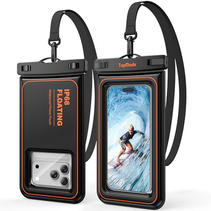 TopMade Floating Waterproof Phone Pouch, 2 Pack IP68 Waterproof Phone Case | Beach/Cruise/Travel Essentials, Detachable Lanyard, Waterproof Pouch for iPhone 17 16 15 Pro Max, S26 Ultra Up to 7", Black - color: Black